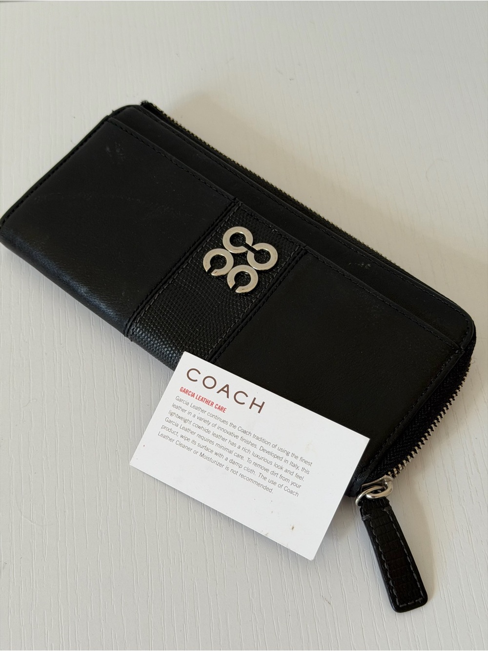 Coach Black Leather Zip Wallet with Silver Logo Accent